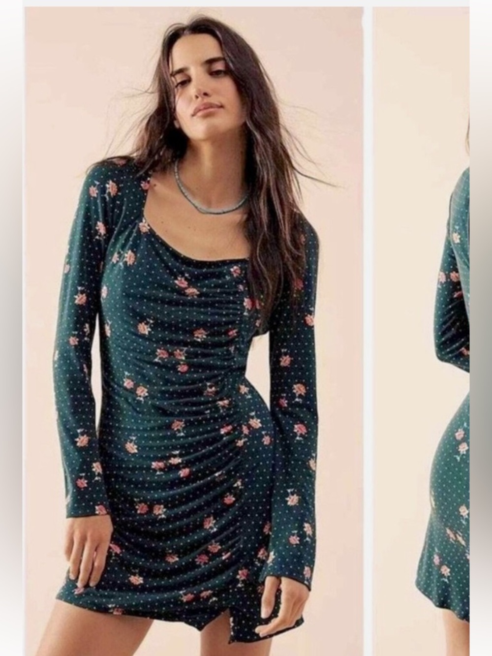 Free People Celia Green Floral Long Sleeve Ruched Mini Dress
